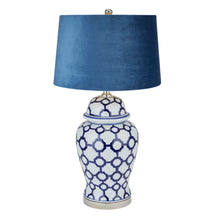 Load image into Gallery viewer, Acanthus Blue And White Ceramic Lamp With Blue Velvet Shade
